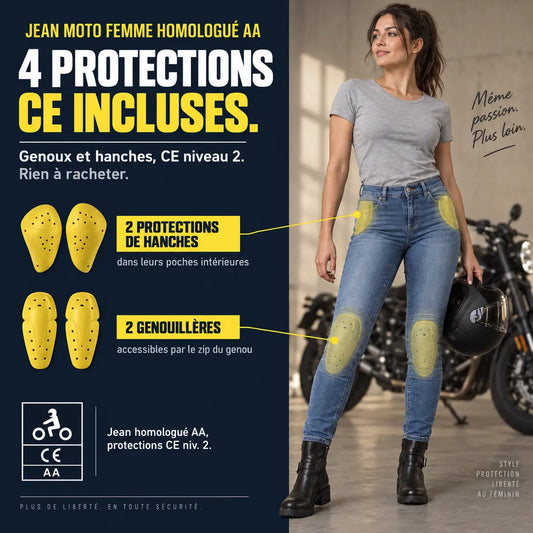 Jean Moto Femme Homologué AA — Coques Genoux et Hanches Incluses