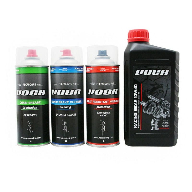 KIT MAINTENANCE/ENTRETIEN VOCA (LUBRIFIANT CHAINE + NETTOYANT FREIN + HUILE DE TRANSMISSION 10W40 + BOMBE PEINTURE VERNIS HAUTE TEMPERATURE) - LE PRATIQUE DU MOTARD