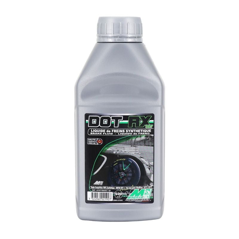 LIQUIDE DE FREIN ET EMBRAYAGE MINERVA DOT RX 327 RACING 100% SYNTHETIQUE (COUVRE LES GRADES DOT 5.1 ET DOT.4) (500 ml) - LE PRATIQUE DU MOTARD