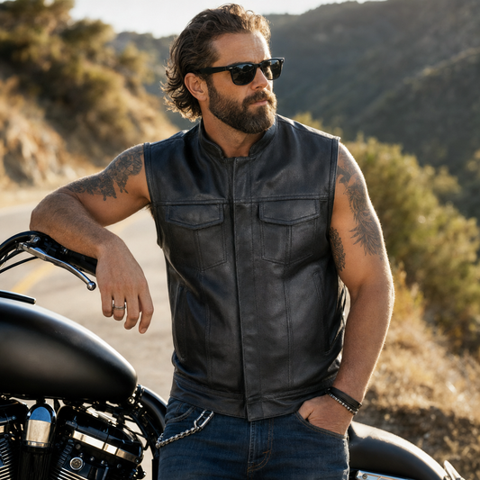 Gilet cuir moto SOA sans manche - style biker, cuir véritable