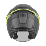 Casque jet graphique N130 Ekto noir mat jaune fluo vu de l'arrière, extracteurs et liseré fluo