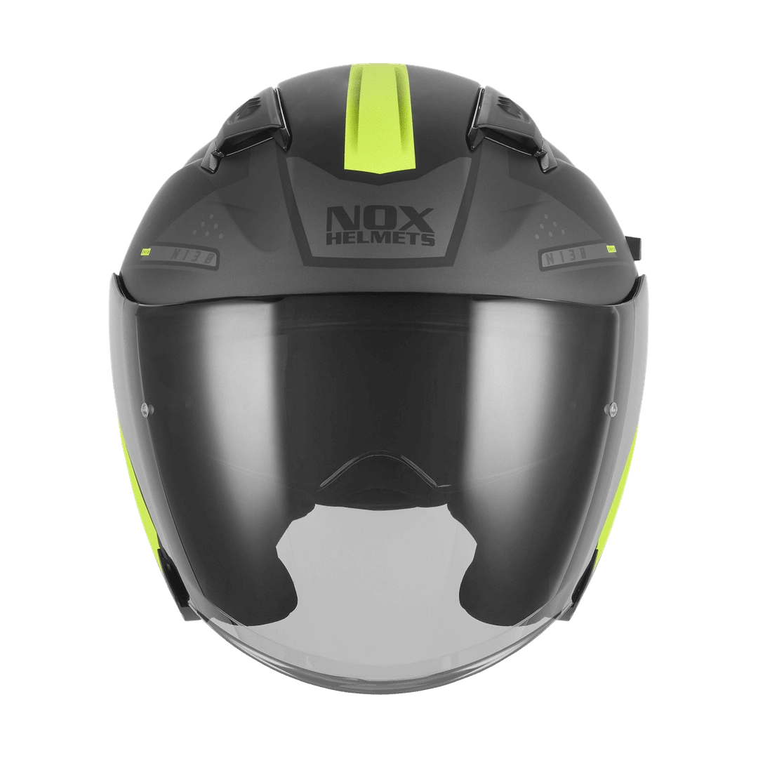 Casque jet moto NOX N130 Ekto noir mat jaune fluo de face, écran solaire baissé haute visibilité