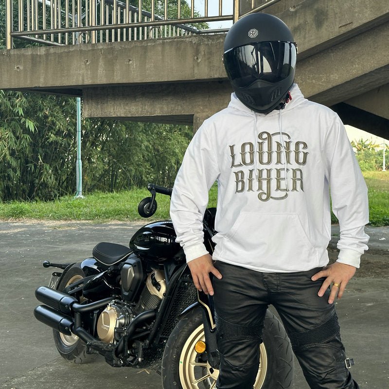 Sweat motard blanc a capuche | Loung Biker - LE PRATIQUE DU MOTARD