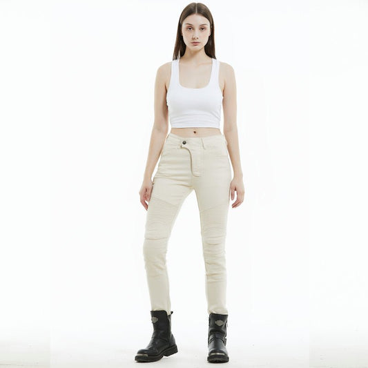 Jeans moto femme Slim - Fit blanc avec taille élastique - LE PRATIQUE DU MOTARD