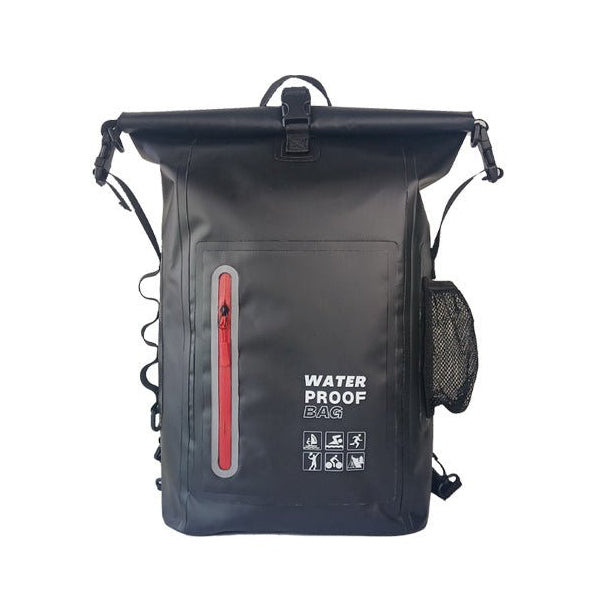 Sac à dos moto imperméable noir 25L, bande réfléchissante et zip rouge
