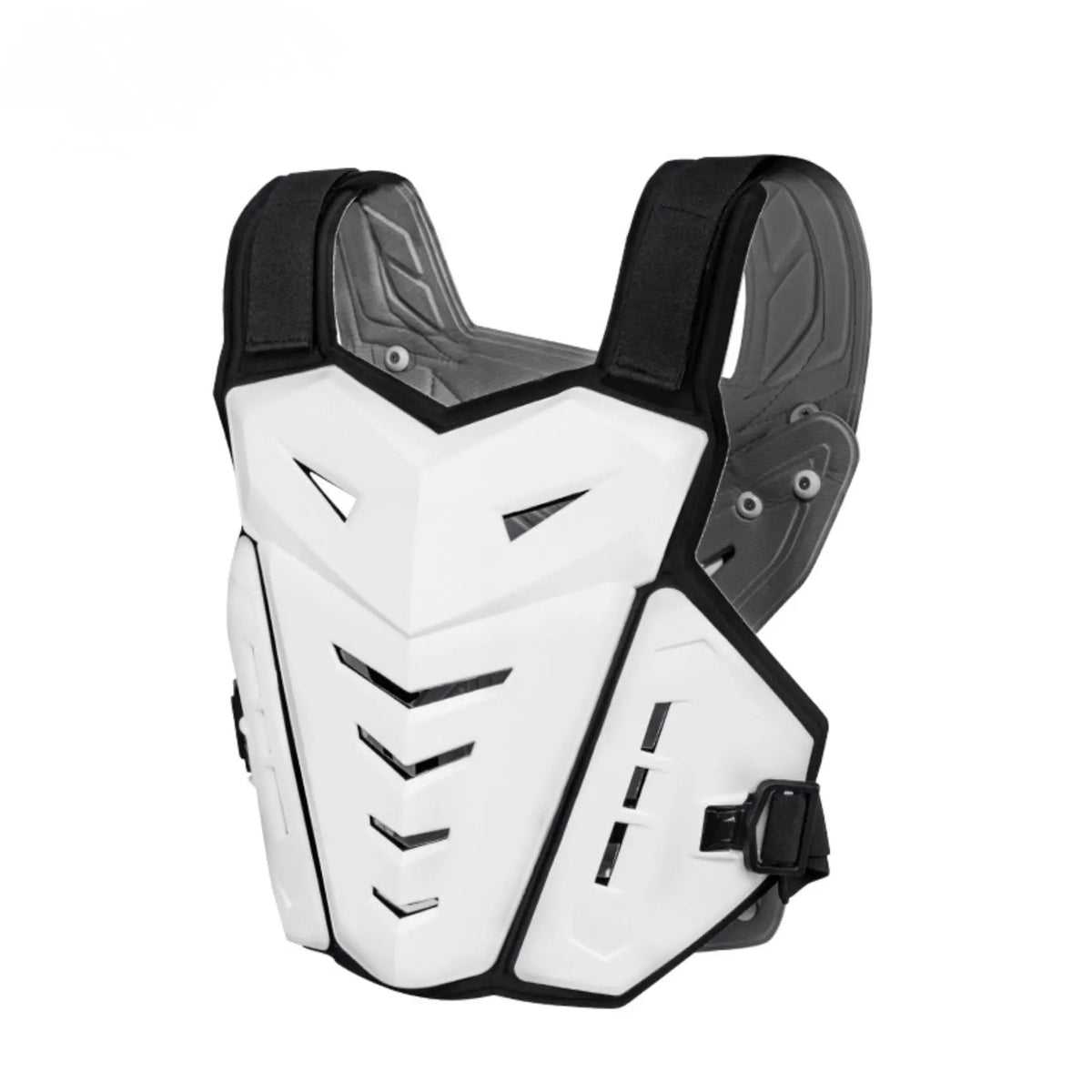 Pare pierre moto cross MX-DRAG blanc, vue trois quarts du plastron pectoral