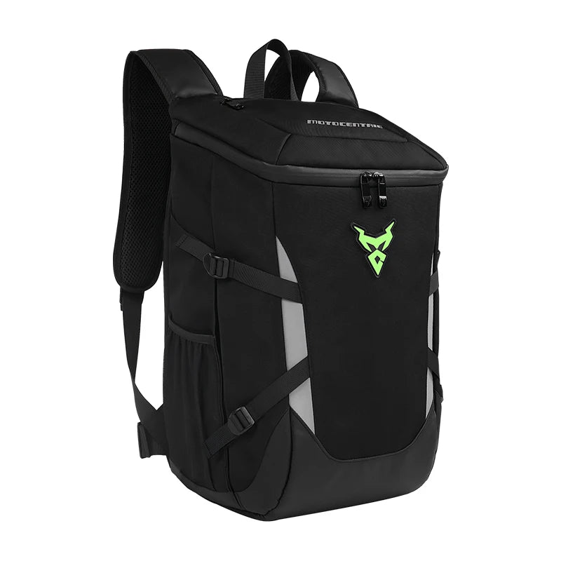 Sac à dos moto étanche noir logo vert, tissu Oxford 1200D et sangles de compression réglables