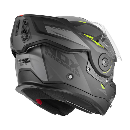 Arrière trois quarts du casque modulable réversible Spinner Ark noir mat jaune, ventilation et logo NOX Premium