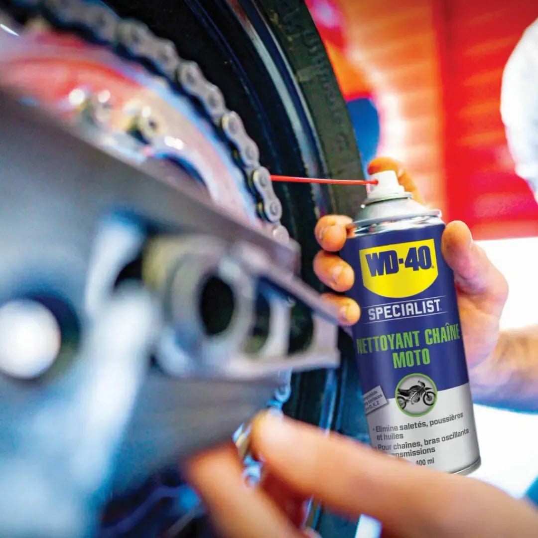 NETTOYANT CHAINE WD - 40 SPECIALIST MOTO (AEROSOL 400 ml) - LE PRATIQUE DU MOTARD