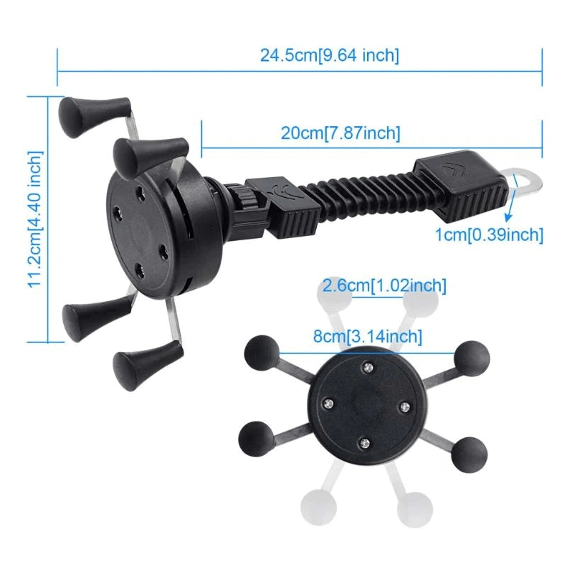 Support ScooterView à bras flexible et rotation 360° fixé sur tige de rétroviseur scooter