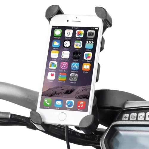 Support téléphone moto à griffes maintenant un smartphone fixé au guidon, prise sécurisée en roulant