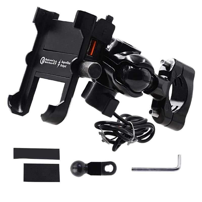 Support téléphone moto aluminium RideOne monté sur guidon, coloris noir et gris