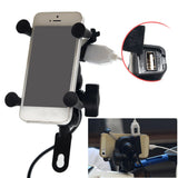 Support téléphone rétroviseur moto avec smartphone maintenu par bras en X et prise USB QC 3.0