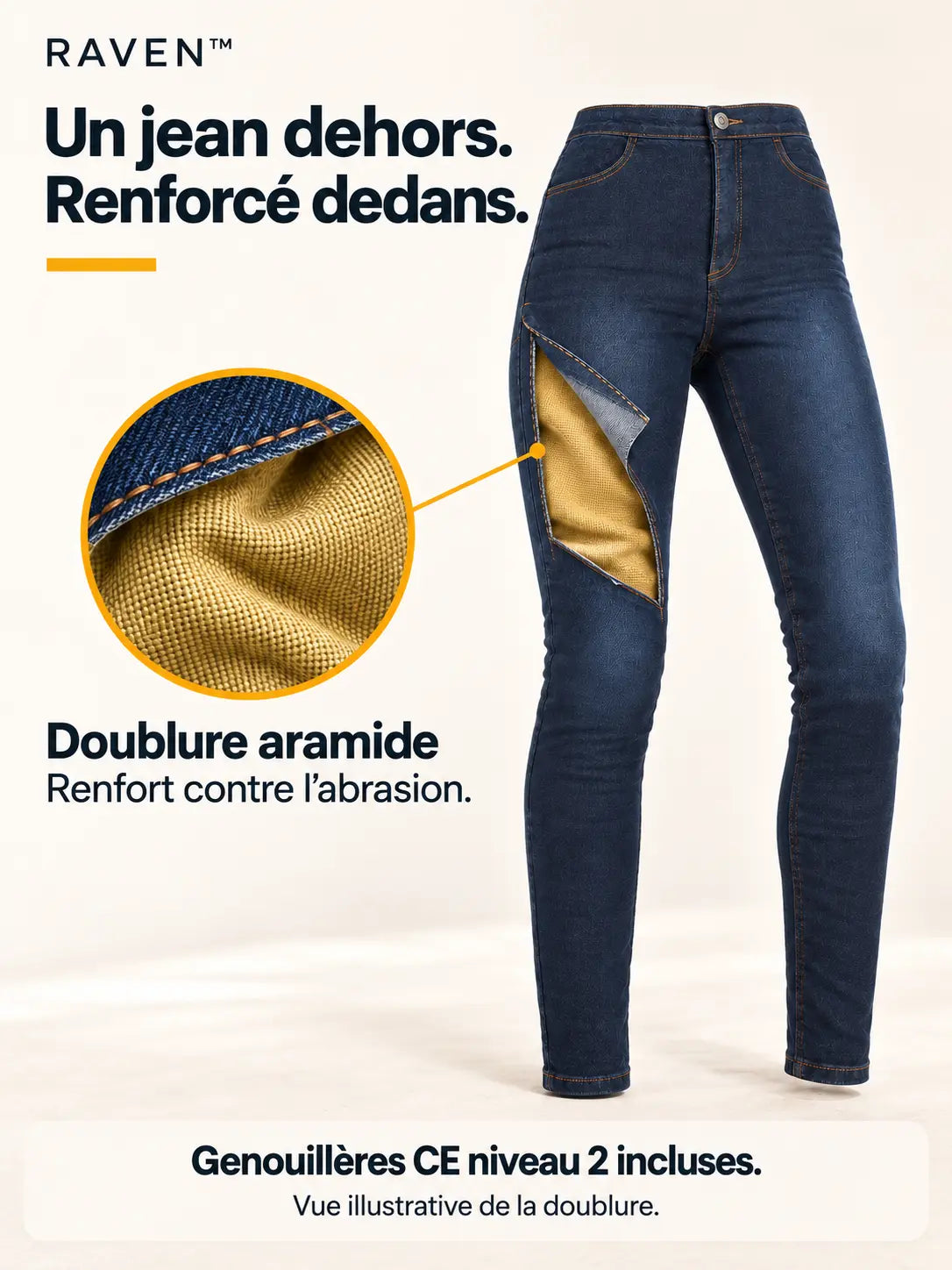 Un jean dehors.
Renforcé dedans.