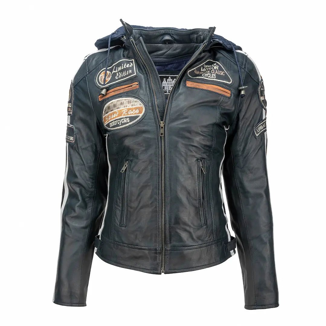 Blouson cuir moto femme style vintage | LEGENDARY 58™ Bleu Navy | DESTOCKAGE — De face