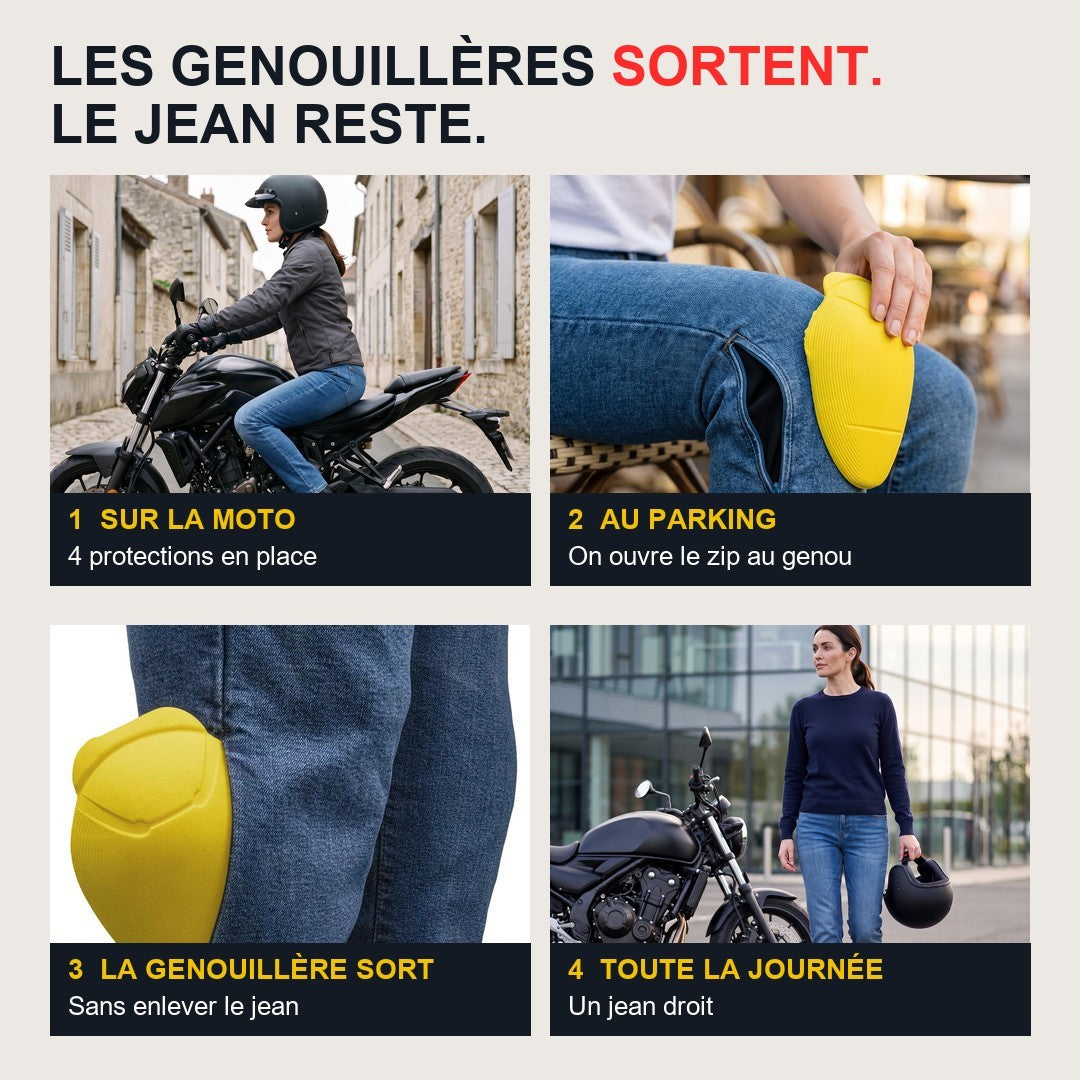 Système Zip-Genou du jean moto femme : la genouillère sort, le jean reste