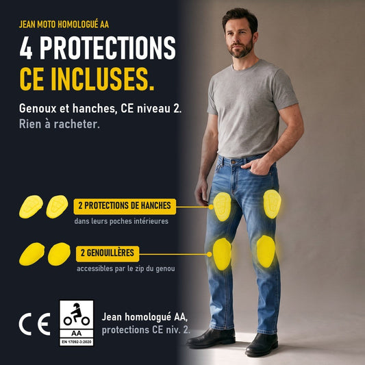 Jean Moto Homme Homologué AA — Coques Genoux et Hanches Incluses