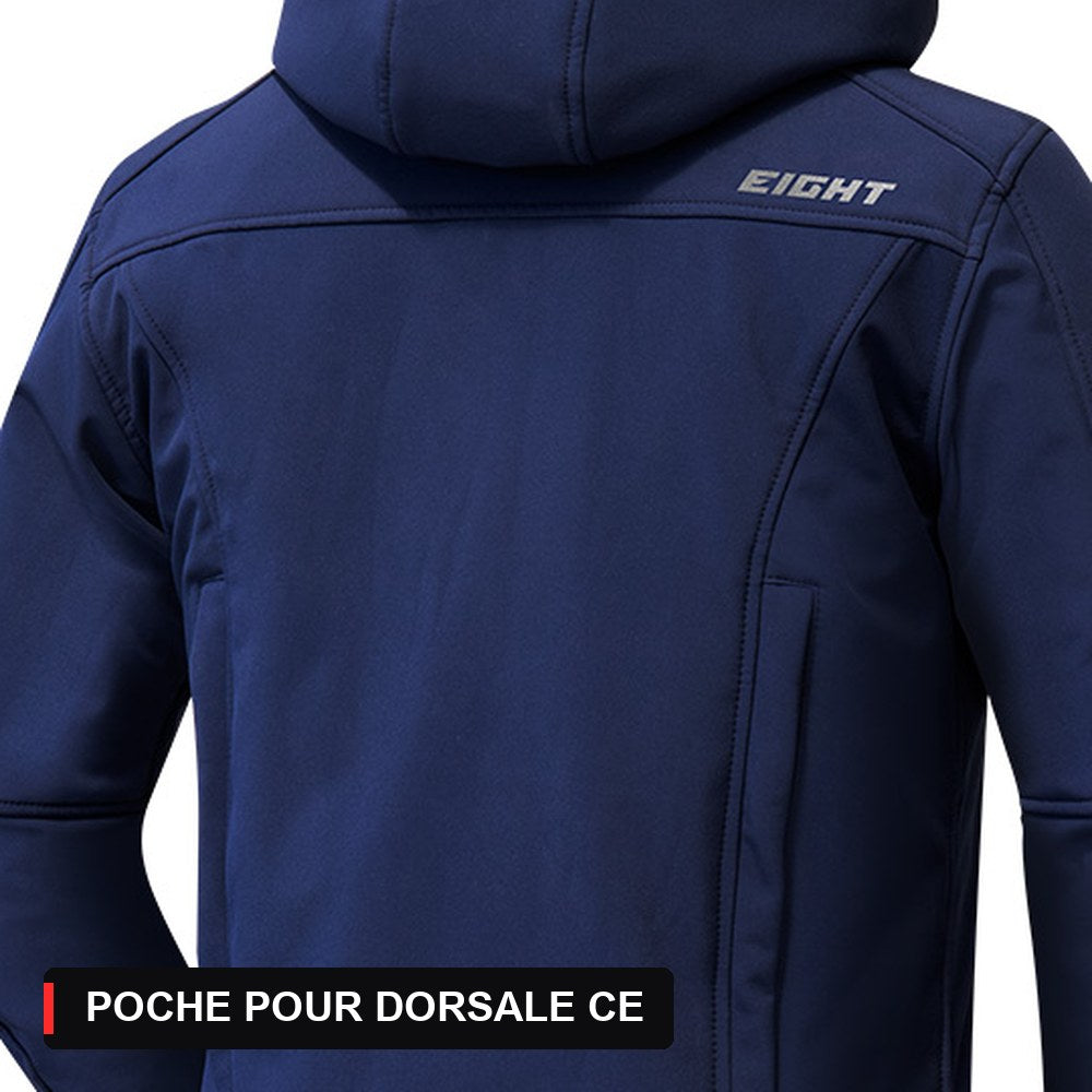 Blouson moto urbain bleu vu de dos : poche intérieure prévue pour une dorsale CE