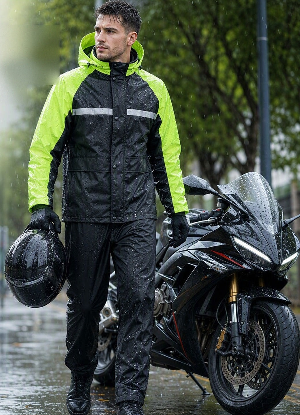 Petite pluie : la veste.
Grosse averse : les deux.