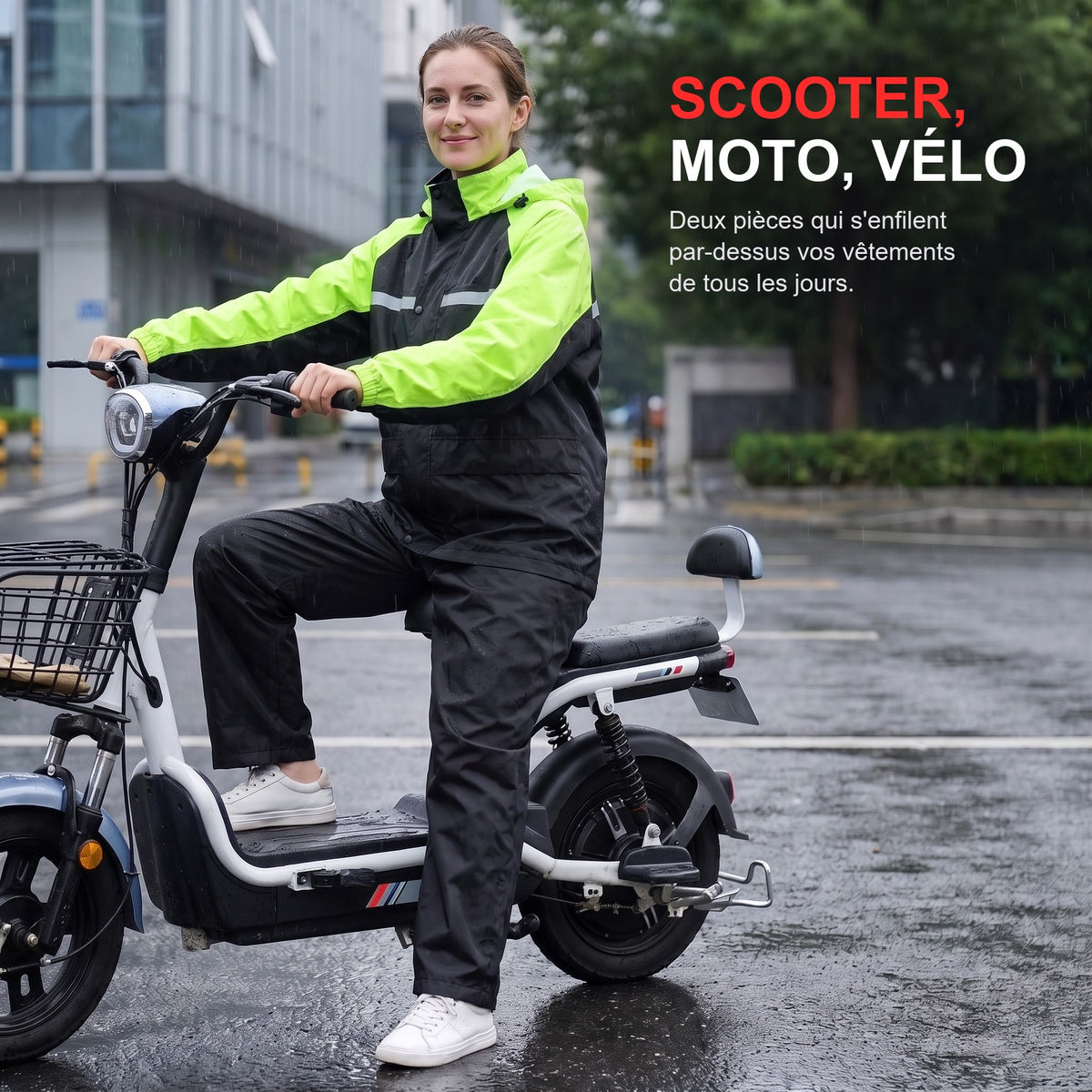 Reflective Motorcycle Rain Jacket and Pants Set — En scooter