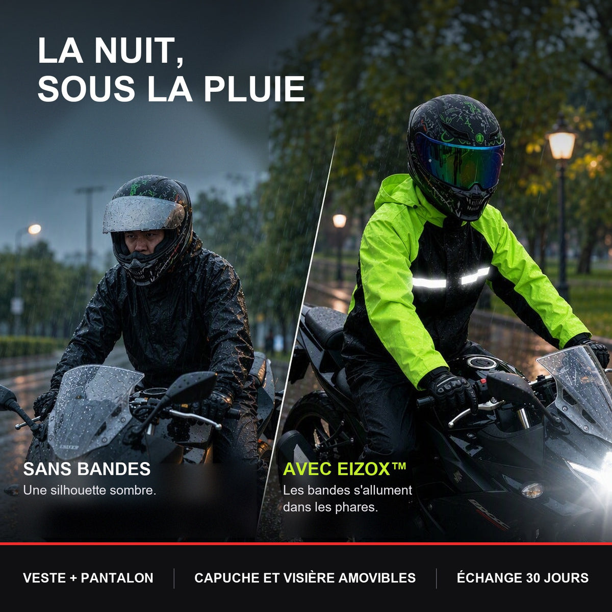 Reflective Motorcycle Rain Jacket and Pants Set — De nuit