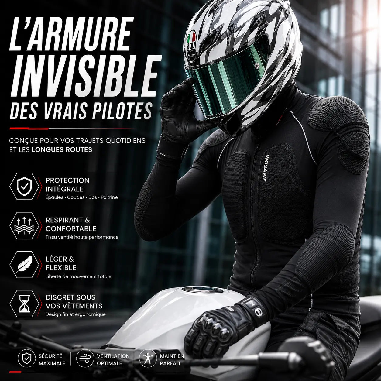 Protections épaules coudes dos et poitrine du gilet moto NEMESIS porté par un motard