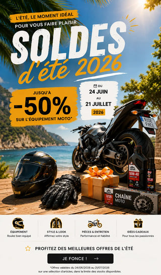 Soldes été 2026 – Équipements et accessoires pour moto et motard jusqu'a -50%. Le pratique du motard