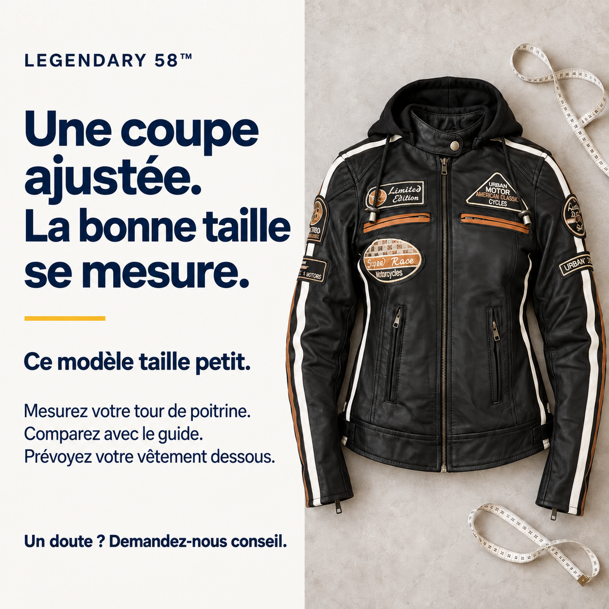 Blouson cuir moto femme style vintage | LEGENDARY 58™ Noir — La taille