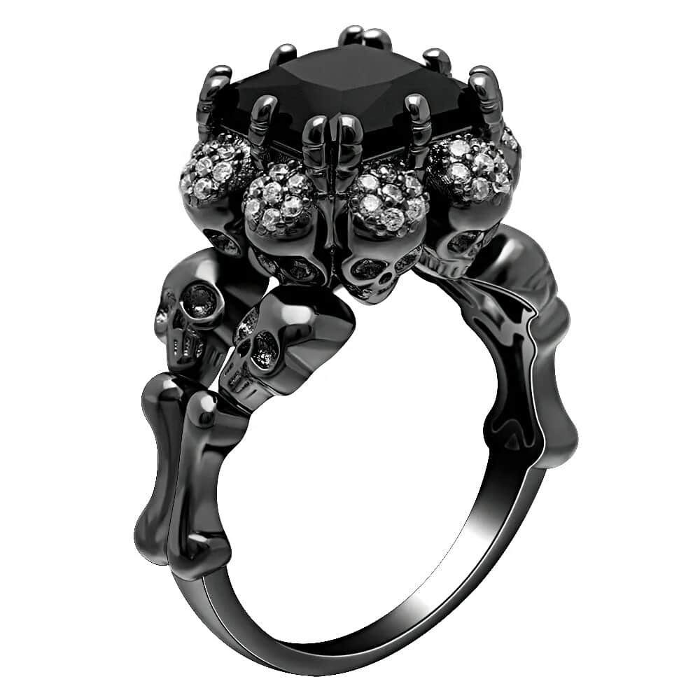 Bague Homme Tête De Mort Gothique - Style Motard En Acier Inoxydable Noir Et Argent - Taille 54.5-67.5 - Avec Sac Cadeau