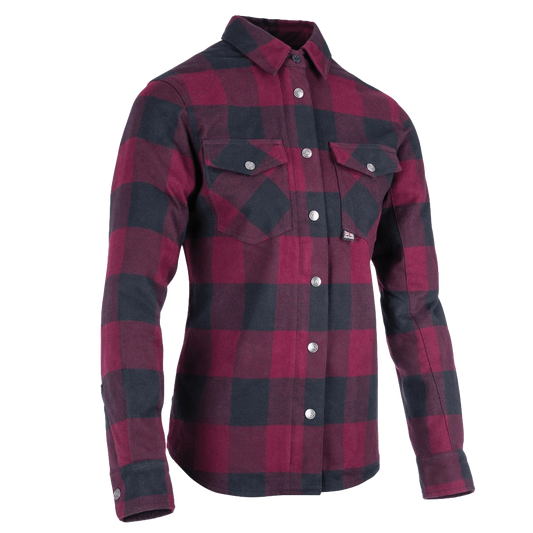 Surchemise moto femme SKADI carreaux rouge et noir, vue trois quarts
