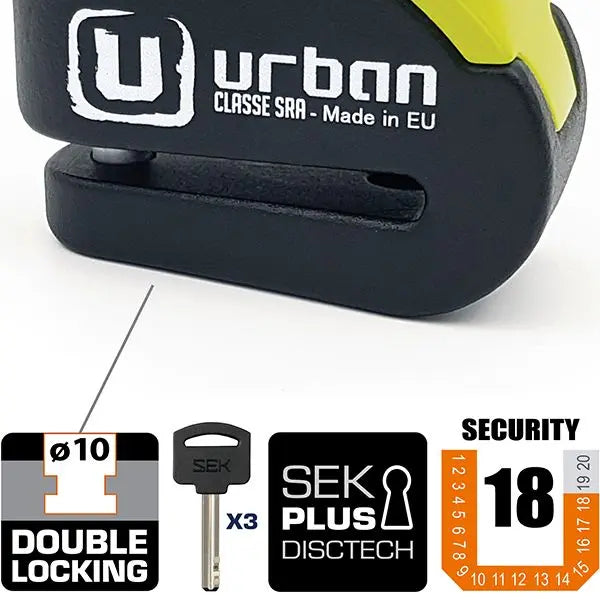 Urban Security UR10 Antivol Moto Homologué SRA Bloque Disque Alarme 120 DB  Warning Double Verrouillage ø10 mm