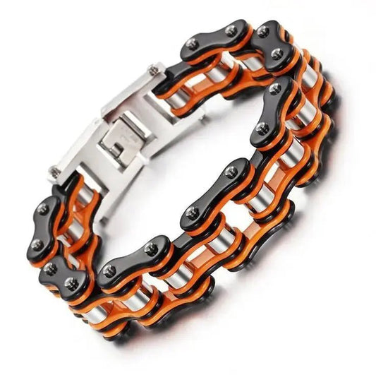 BRACELET CHAINE DE MOTO ORANGE ET NOIR - Le Pratique du Motard
