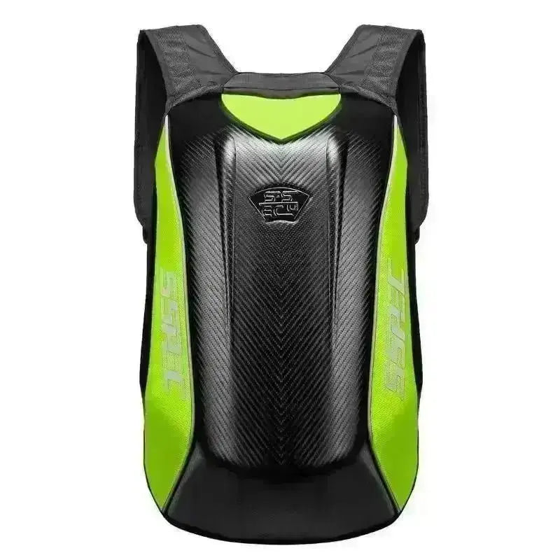 Sac à dos moto grand volume coque carbone vert fluo vue de face