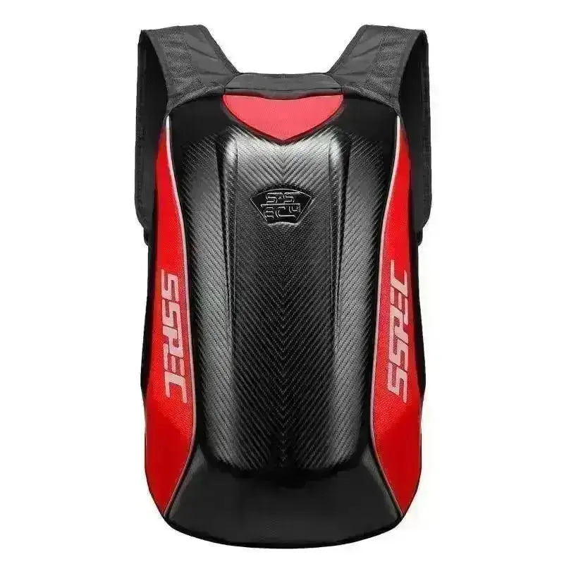 Sac à dos moto grand volume coque carbone rouge et noir vue de face