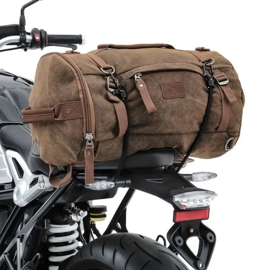 Set: Sac à dos moto Canvas RG8 Sacoche moto Vintage 20Ltr Retro marron + Sacoche de selle Moto arrière Vintage 25L Canvas Sac à dos Rouleau Le Pratique du Motard
